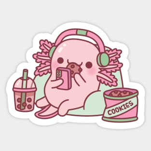 Cute Axolotl Chilling With Cookies And Bubble Tea Sticker